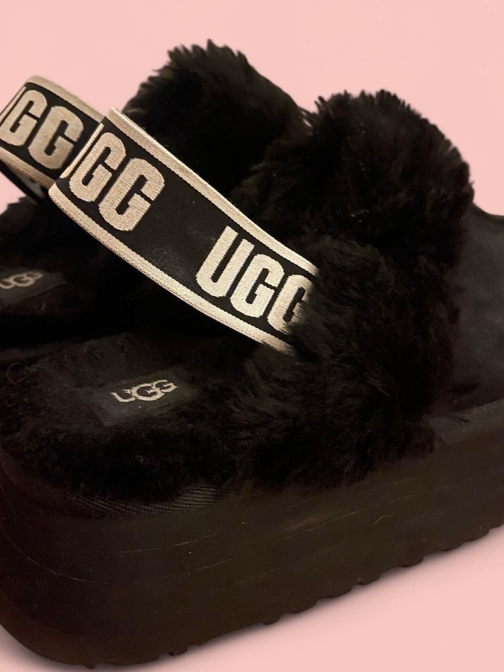 UGG Black Shearling Slide Slippers with Branded Heel Strap